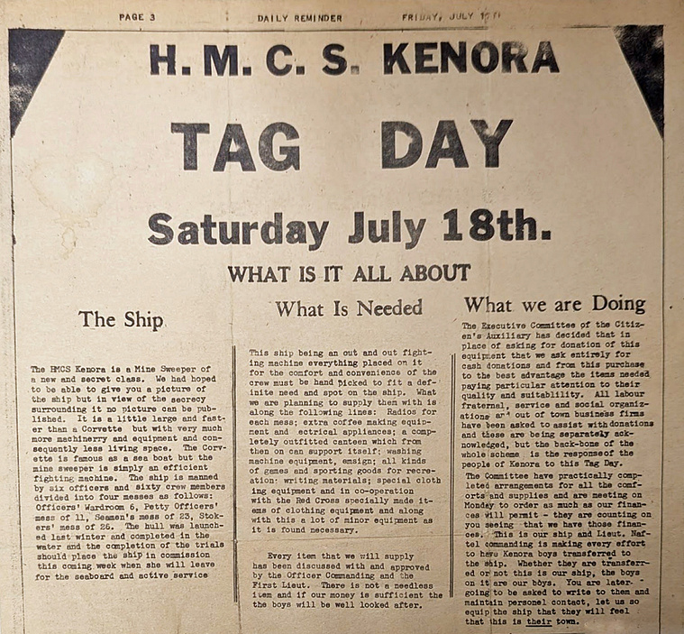 HMCS Kenora, Kenora Book, Eric Riordon, rcn, kenora, canadian artist, war artist, navy artist, port arthur, pascol,  Fred Naftel, city of kenora, Royal Canadian Navy, August 1942, minesweeper, 