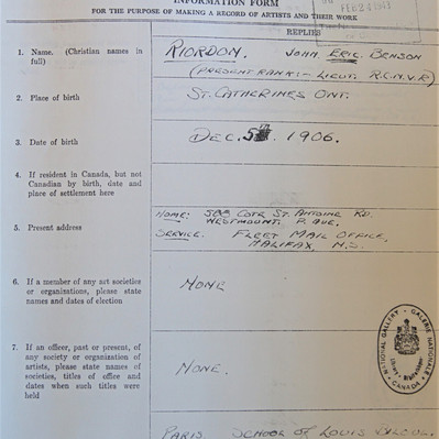Eric Riordon, National Gallery of Canada, Artist Information Form, Canadian Art, Naval Artist, North Atlantic Convoy, 