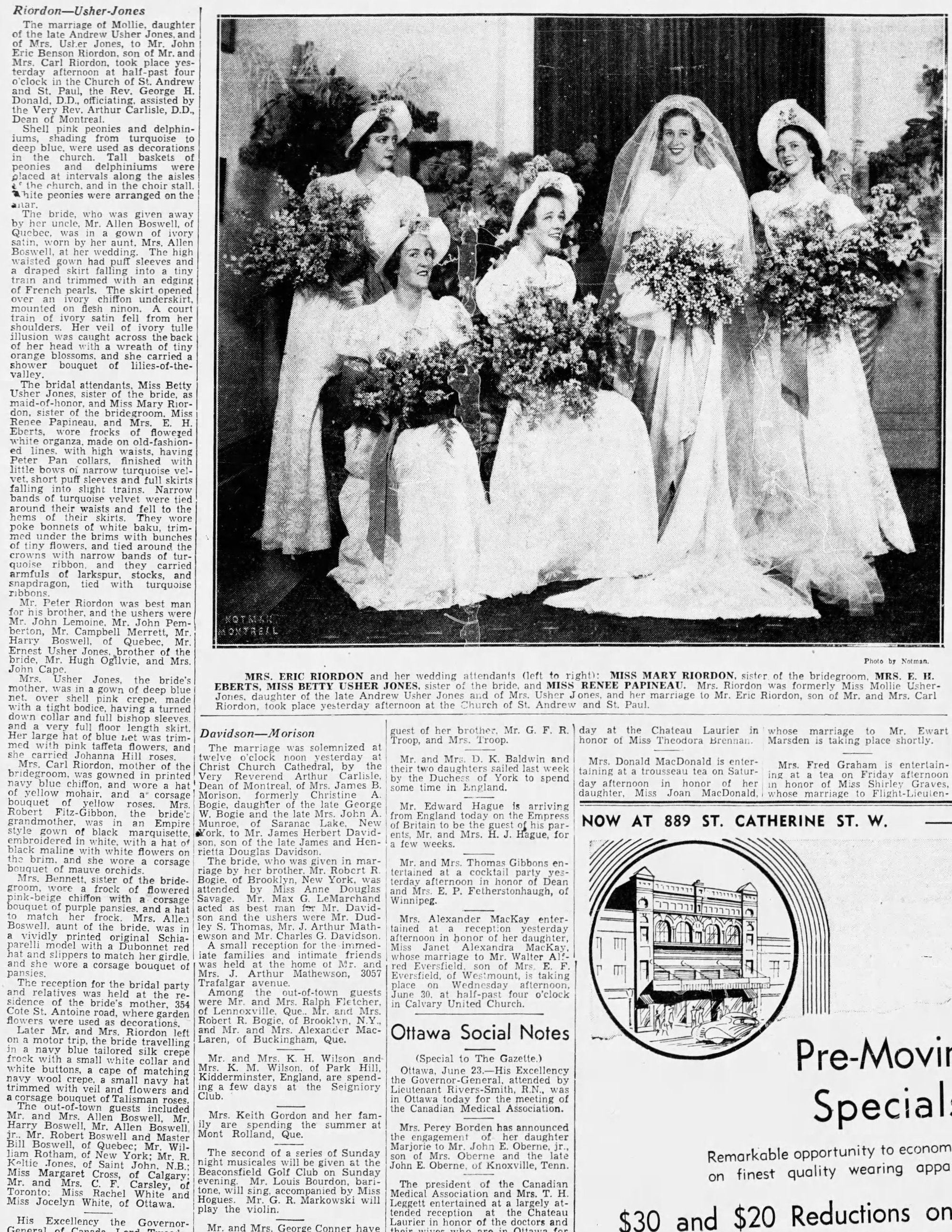 Mollie Riordon Bridal Party, News Clipping, Canadian Socialite, Eric Riordon, Canadian Painter, War Artist, Royal Canadian Navy, Naval Artist, North Atlantic Convoy, HMCS Kenora, HMCS Fundy,  His Majesty's Canadian Ship, Laurentians Landscape
