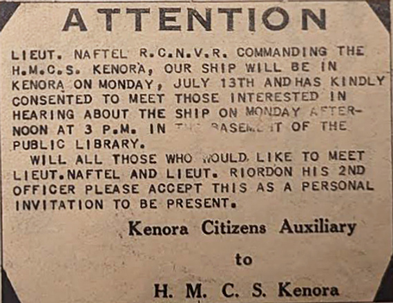HMCS Kenora, Eric Riordon, rcn, kenora, canadian artist, war artist, navy artist, port arthur, pascol,  Fred Naftel, city of kenora, Royal Canadian Navy, August 1942, minesweeper, 