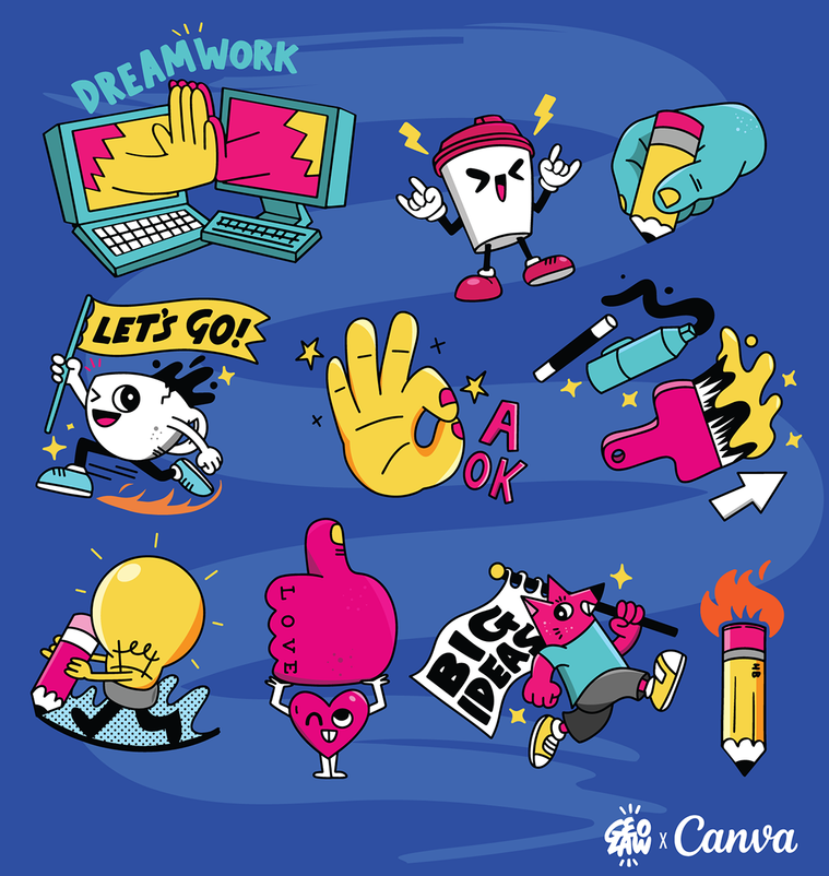 Illustrated icon stickers designed for Canva by illustrator Geo Law