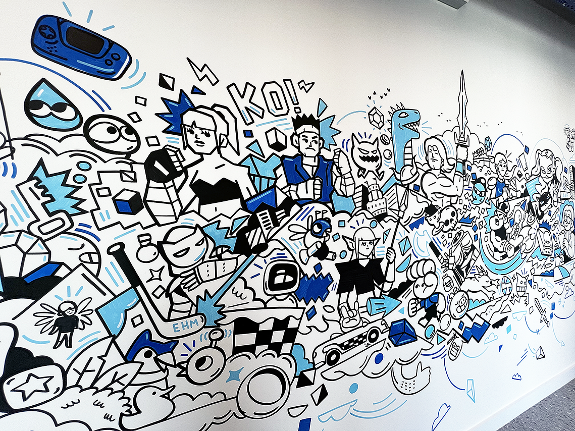 Illustrator Geo Law doodles a mural for Sega Europe in London featuring characters like Sonic the Hedgehog, Shinobi, Streets of Rage and more