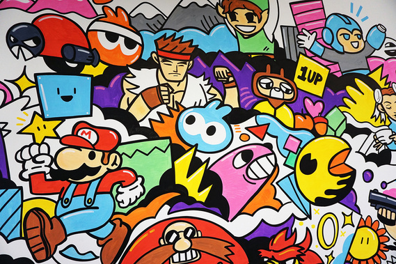 Office mural inspired by iconic video game characters for Admix in London by illustrator Geo Law