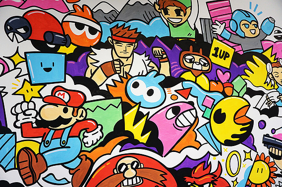 Office mural inspired by iconic video game characters for Admix in London by illustrator Geo Law