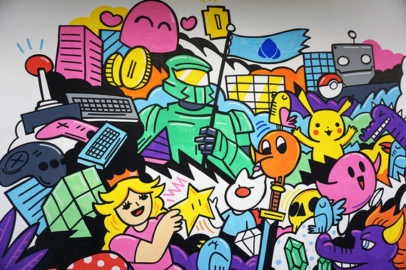 Office mural inspired by iconic video game characters for Admix in London by illustrator Geo Law