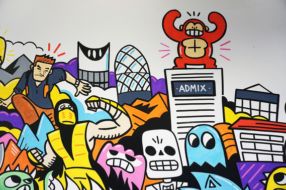 Office mural inspired by iconic video game characters for Admix in London by illustrator Geo Law