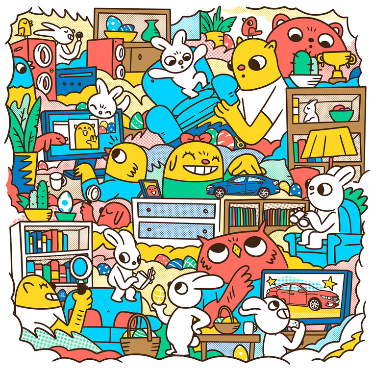 Easter Egg and Bunny themed illustration commission for Honda with characters and scenes by illustrator Geo Law
