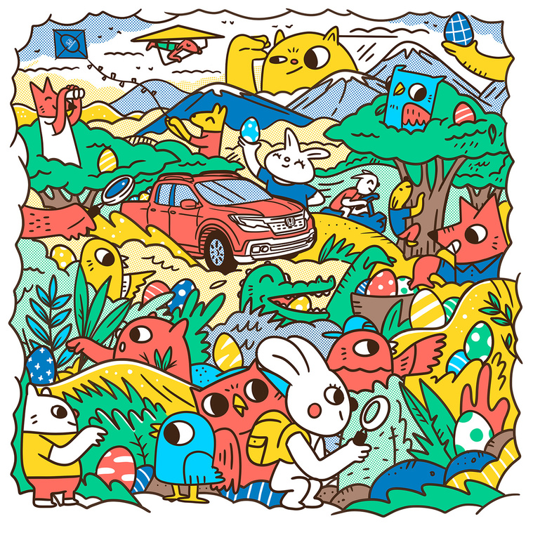 Easter Egg and Bunny themed illustration commission for Honda with characters and scenes by illustrator Geo Law