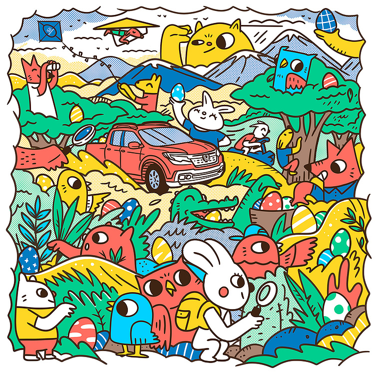 Easter Egg and Bunny themed illustration commission for Honda with characters and scenes by illustrator Geo Law