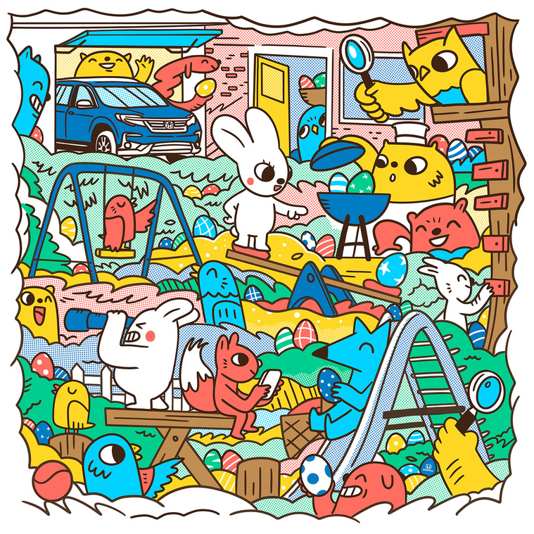 Easter Egg and Bunny themed illustration commission for Honda with characters and scenes by illustrator Geo Law
