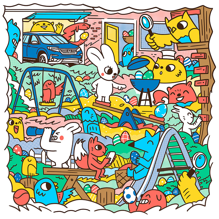 Easter Egg and Bunny themed illustration commission for Honda with characters and scenes by illustrator Geo Law