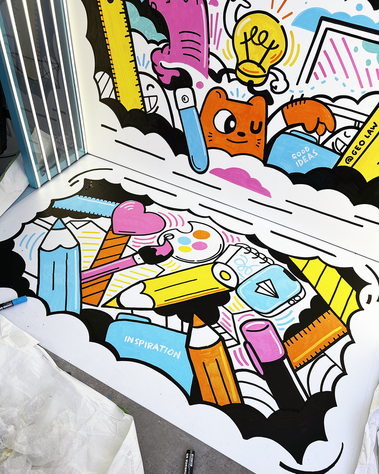 Doodle illustration mural for Canva in London by illustrator Geo Law with characters and creative objects