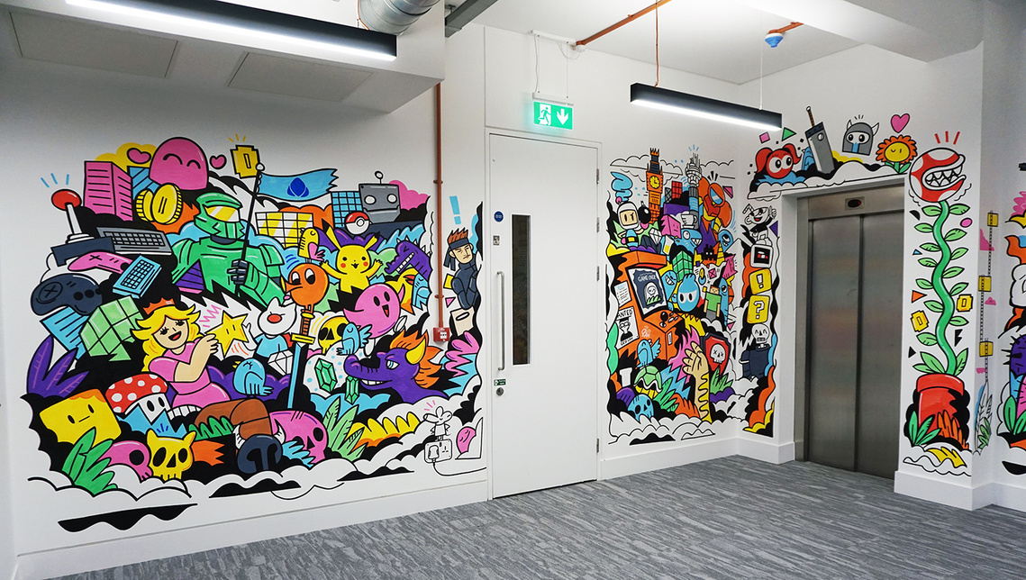 Office mural inspired by iconic video game characters for Admix in London by illustrator Geo Law