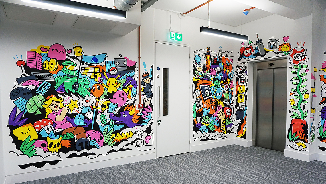 Office mural inspired by iconic video game characters for Admix in London by illustrator Geo Law