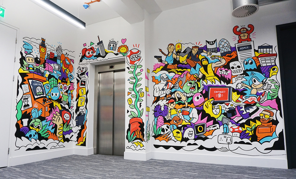 Office mural inspired by iconic video game characters for Admix in London by illustrator Geo Law