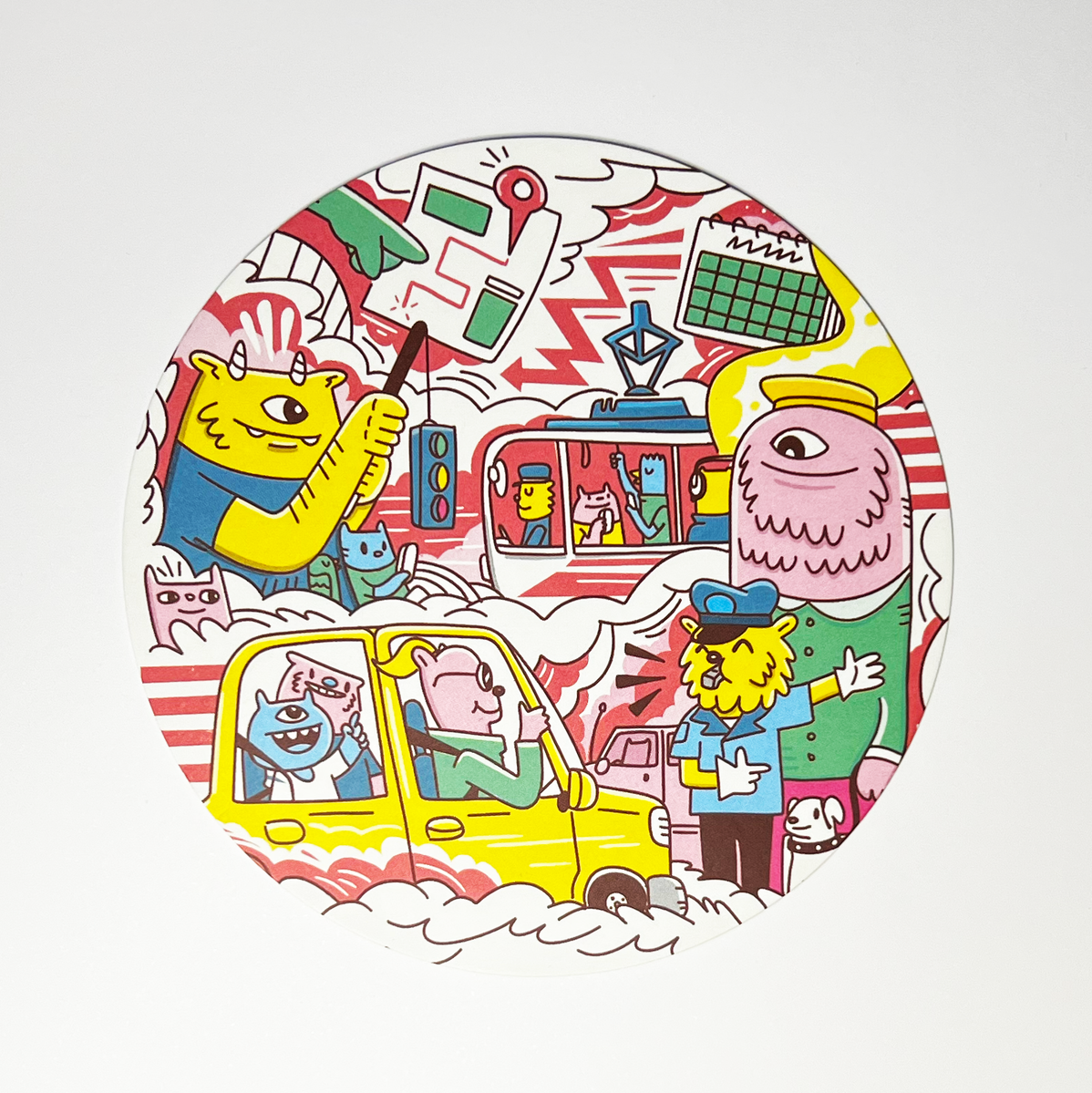 Hero illustrations for limited edition Google Home Mini art cards filled with characters and prompts for users. Illustrated by Geo Law