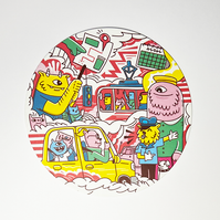 Hero illustrations for limited edition Google Home Mini art cards filled with characters and prompts for users. Illustrated by Geo Law