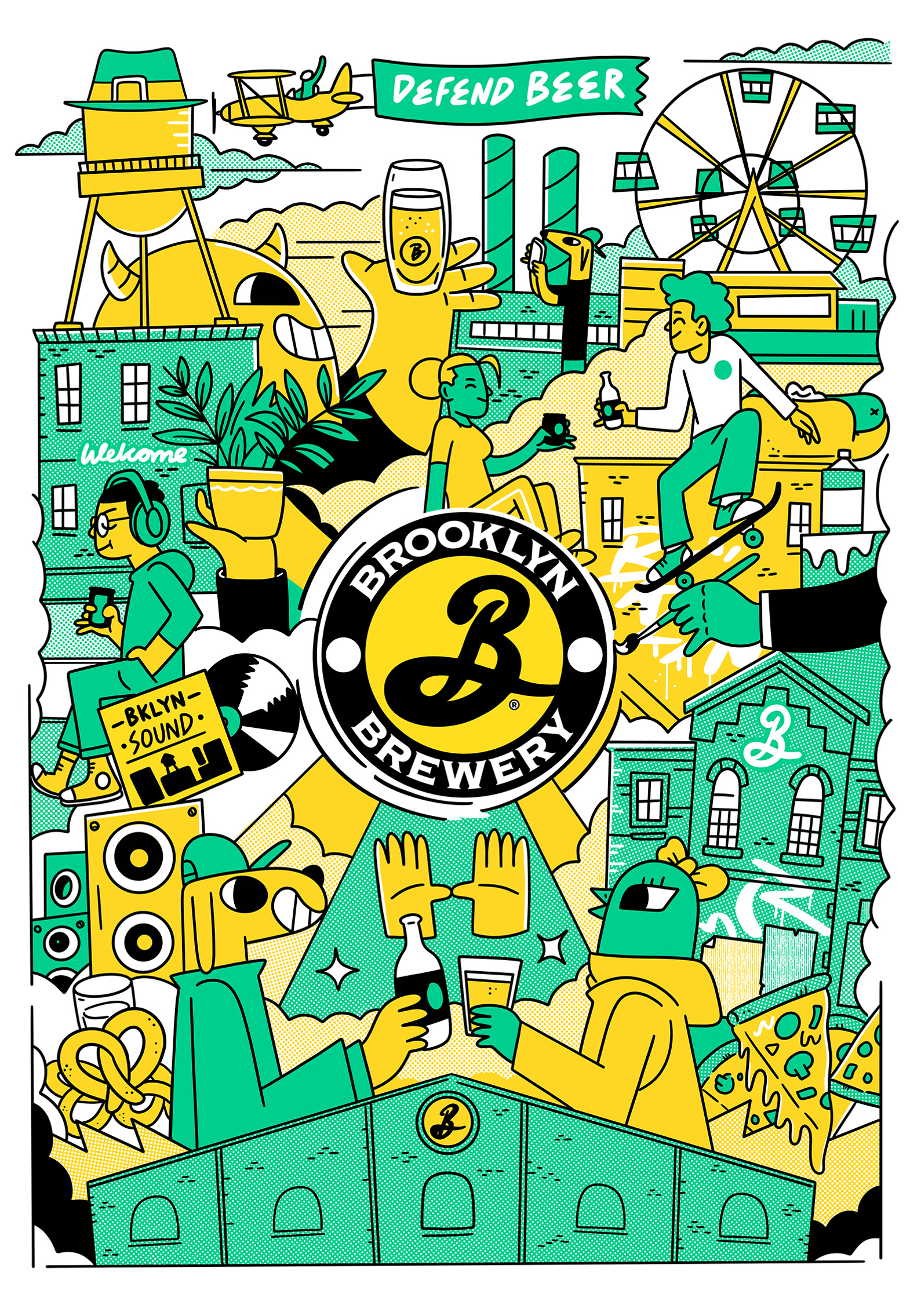Hero illustration for Brooklyn Brewery highlighting diverse characters and open cultures supported by the brand. Illustrated by  London based Geo Law