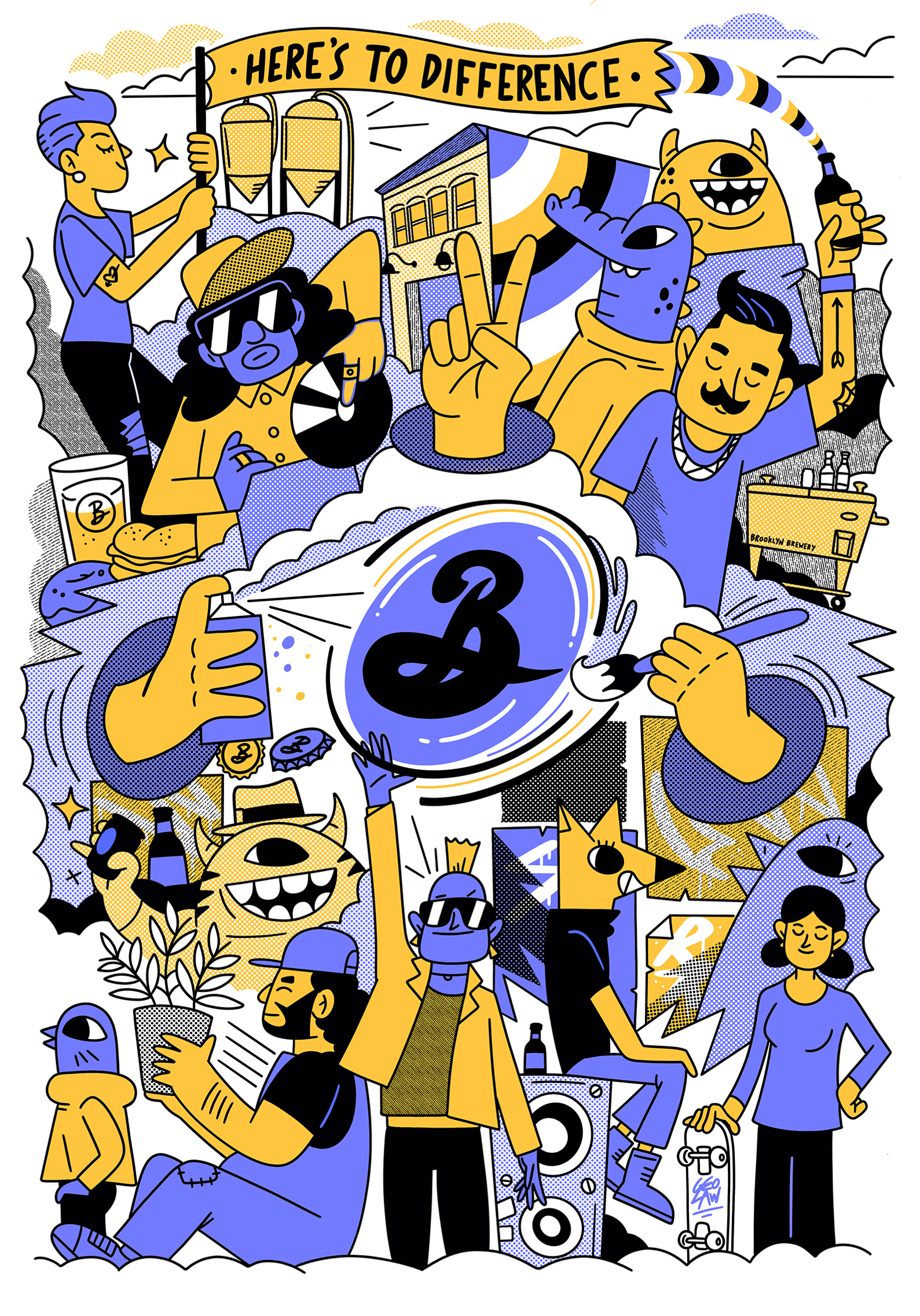 Hero illustration for Brooklyn Brewery highlighting diverse characters and open cultures supported by the brand. Illustrated by  London based Geo Law