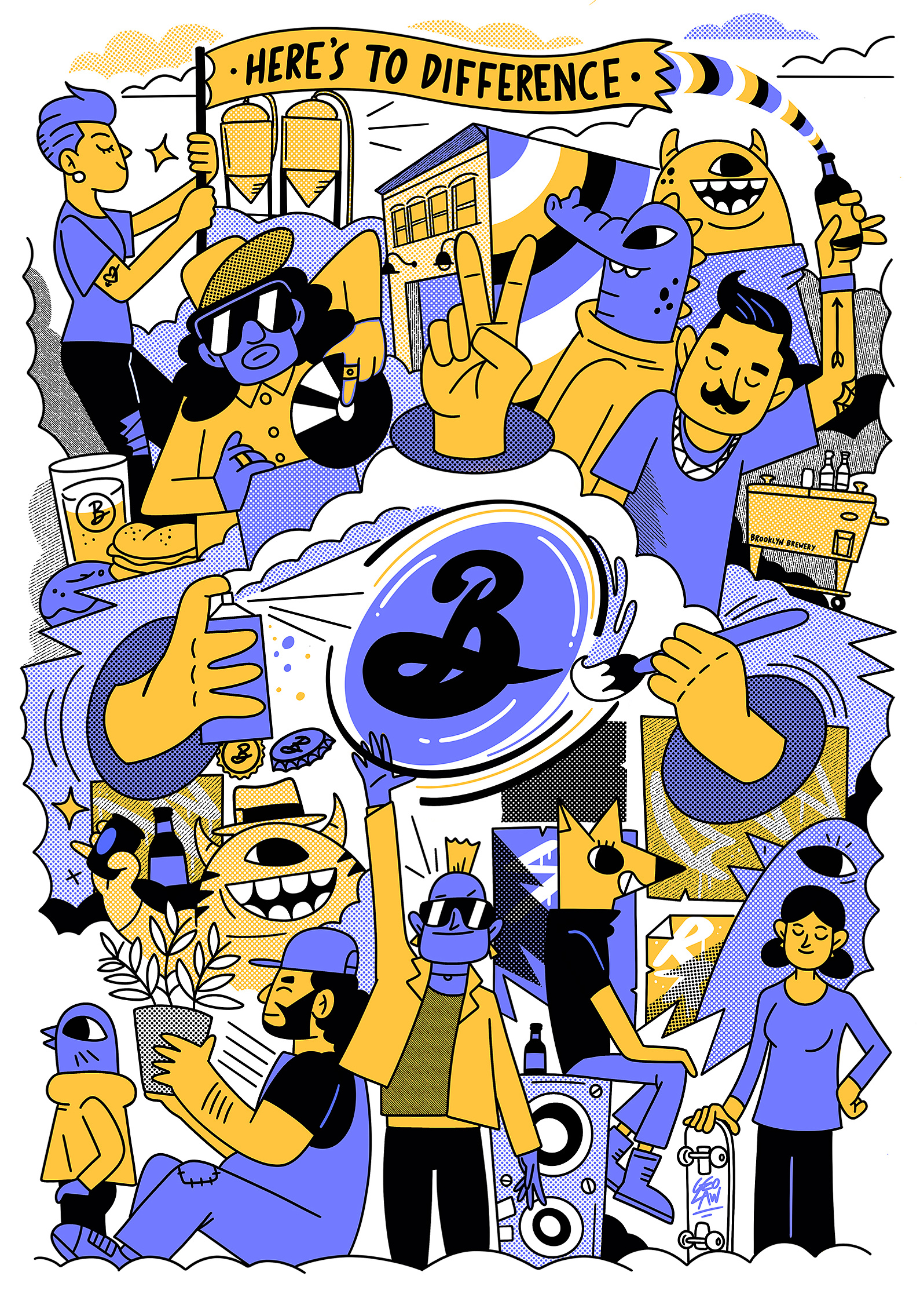 Hero illustration for Brooklyn Brewery highlighting diverse characters and open cultures supported by the brand. Illustrated by  London based Geo Law