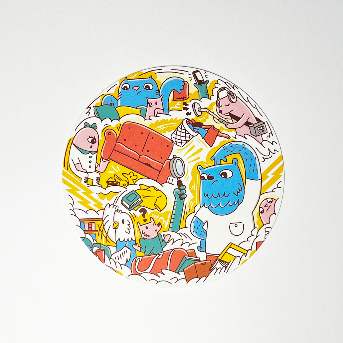 Hero illustrations for limited edition Google Home Mini art cards filled with characters and prompts for users. Illustrated by Geo Law
