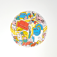 Hero illustrations for limited edition Google Home Mini art cards filled with characters and prompts for users. Illustrated by Geo Law