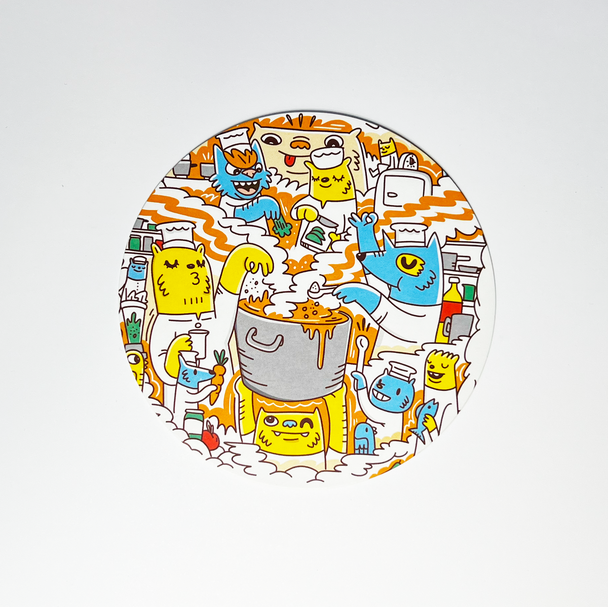 Hero illustrations for limited edition Google Home Mini art cards filled with characters and prompts for users. Illustrated by Geo Law