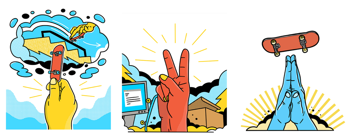 Booklet illustrations for Hachette product Desktop Skate Park by Geo Law featuring abstract fun shapes and finger skateboarding imagery