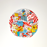 Hero illustrations for limited edition Google Home Mini art cards filled with characters and prompts for users. Illustrated by Geo Law