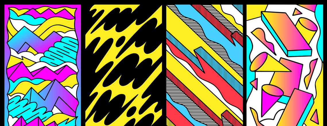 Fingerboard pattern sticker illustrations for Hachette product Desktop Skate Park by Geo Law featuring abstract fun shapes and finger skateboarding imagery