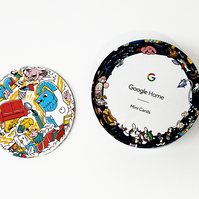 Hero illustrations for limited edition Google Home Mini art cards filled with characters and prompts for users. Illustrated by Geo Law