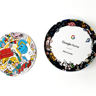 Hero illustrations for limited edition Google Home Mini art cards filled with characters and prompts for users. Illustrated by Geo Law