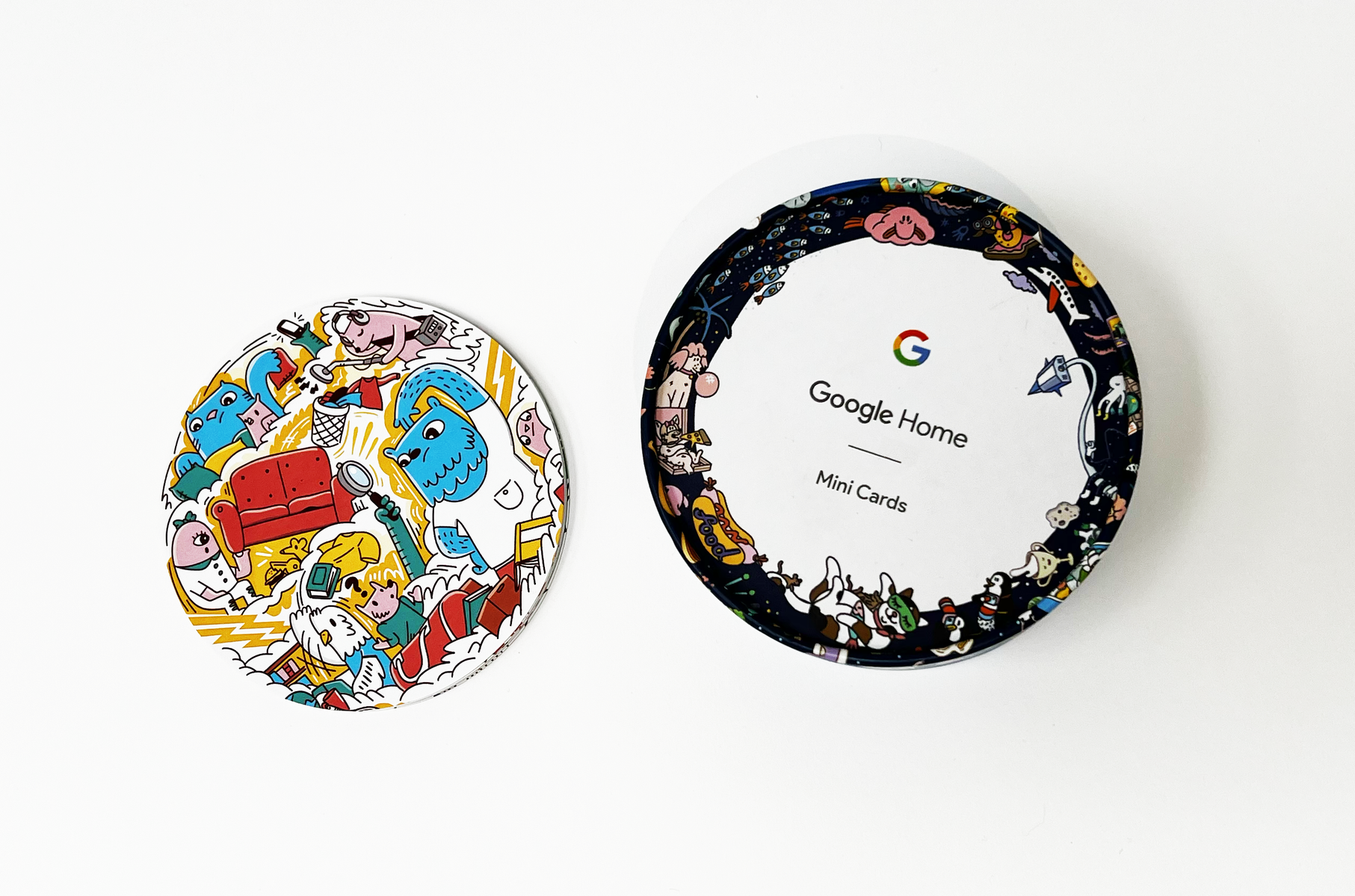 Hero illustrations for limited edition Google Home Mini art cards filled with characters and prompts for users. Illustrated by Geo Law