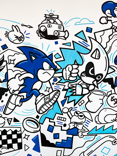 Illustrator Geo Law doodles a mural for Sega Europe in London featuring characters like Sonic the Hedgehog, Shinobi, Streets of Rage and more