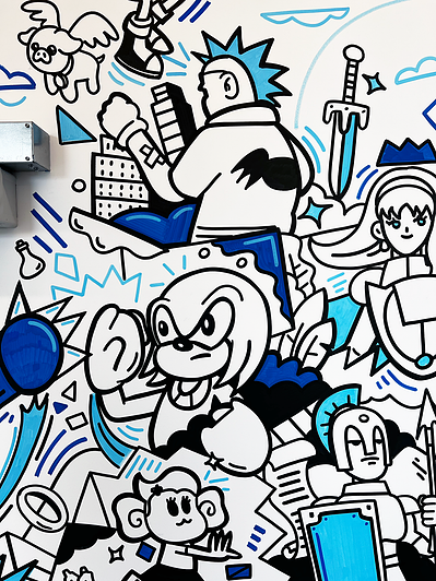 Illustrator Geo Law doodles a mural for Sega europe in London featuring characters like Sonic the Hedgehog, Shinobi, Streets of Rage and more
