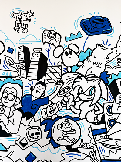 Illustrator Geo Law doodles a mural for Sega Europe in London featuring characters like Sonic the Hedgehog, Shinobi, Streets of Rage and more