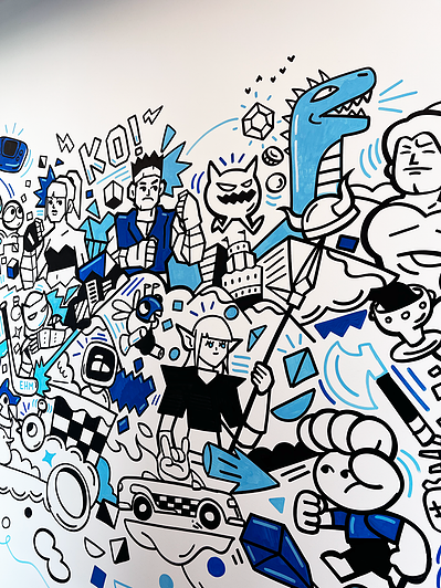 Illustrator Geo Law doodles a mural for Sega europe in London featuring characters like Sonic the Hedgehog, Shinobi, Streets of Rage and more