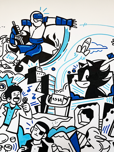 Illustrator Geo Law doodles a mural for Sega Europe in London featuring characters like Sonic the Hedgehog, Shinobi, Streets of Rage and more