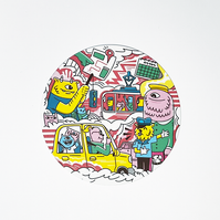 Hero illustrations for limited edition Google Home Mini art cards filled with characters and prompts for users. Illustrated by Geo Law