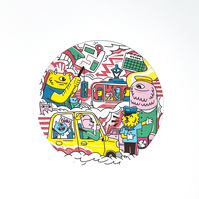 Hero illustrations for limited edition Google Home Mini art cards filled with characters and prompts for users. Illustrated by Geo Law