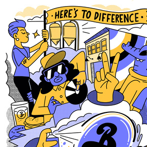 Hero illustration for Brooklyn Brewery highlighting diverse characters and open cultures supported by the brand. Illustrated by  London based Geo Law
