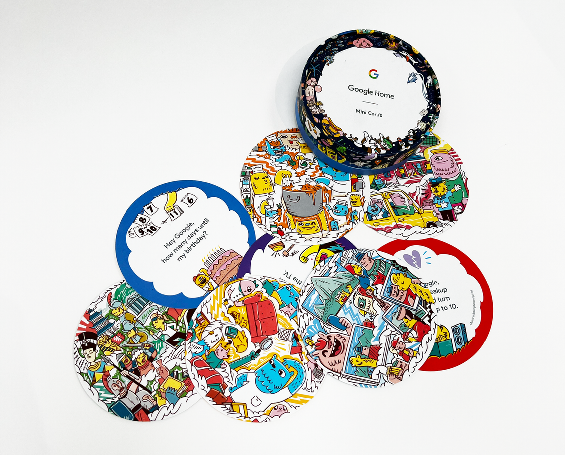 Hero illustrations for limited edition Google Home Mini art cards filled with characters and prompts for users. Illustrated by Geo Law