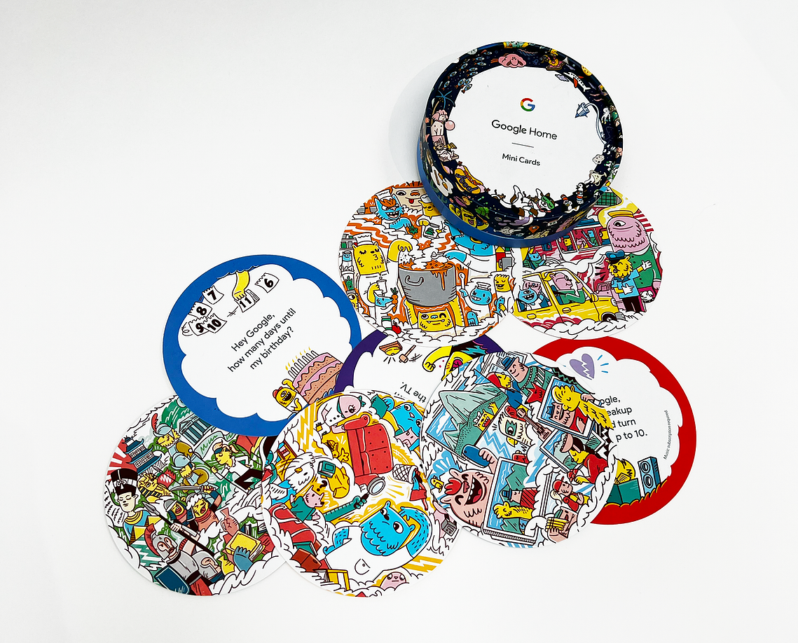 Hero illustrations for limited edition Google Home Mini art cards filled with characters and prompts for users. Illustrated by Geo Law