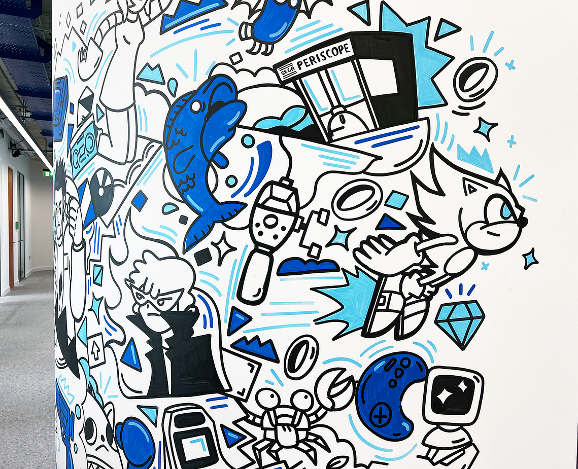Illustrator Geo Law doodles a mural for Sega Europe in London featuring characters like Sonic the Hedgehog, Shinobi, Streets of Rage and more