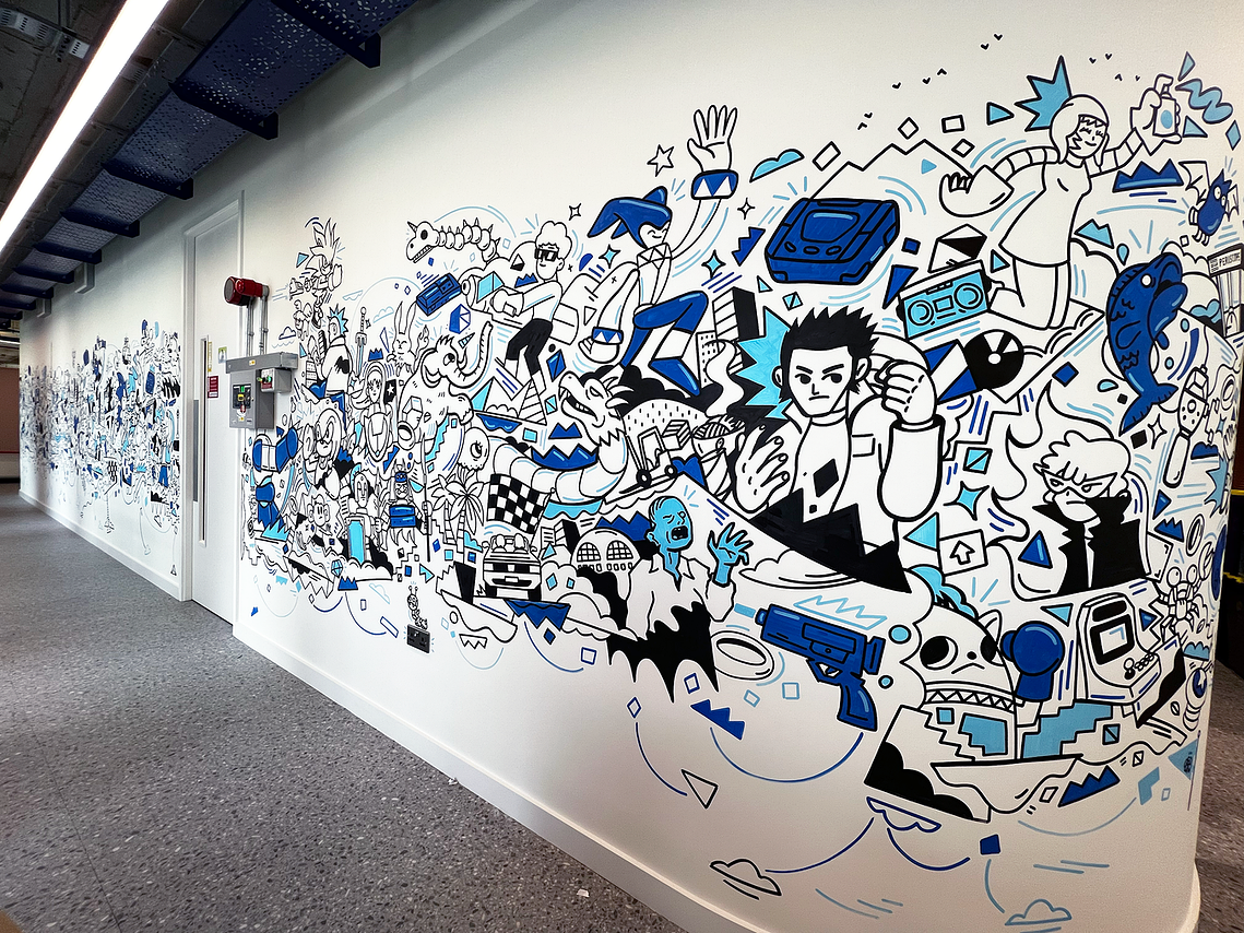 Illustrator Geo Law doodles a mural for Sega Europe in London featuring characters like Sonic the Hedgehog, Shinobi, Streets of Rage and more