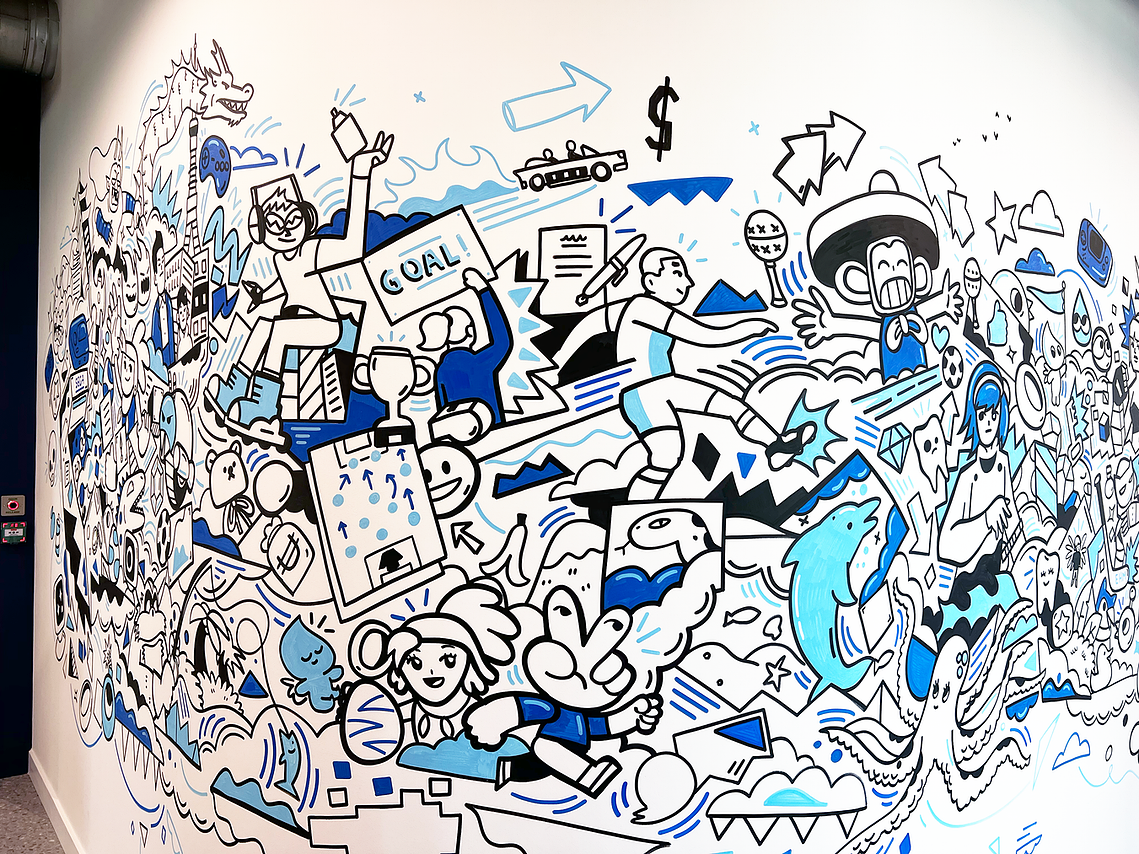Illustrator Geo Law doodles a mural for Sega Europe in London featuring characters like Sonic the Hedgehog, Shinobi, Streets of Rage and more