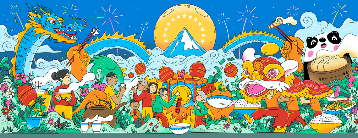 Year of the dragon hero illustration by artist Geo Law for Paramount Plus, filled with characters and nods to Chinese culture