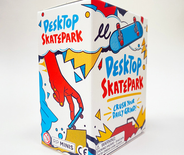 Packaging and booklet illustrations for Hachette product Desktop Skate Park by Geo Law featuring abstract fun shapes and finger skateboarding imagery