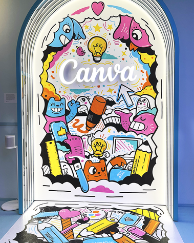 Doodle illustration event mural for Canva in London by illustrator Geo Law