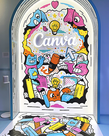 Doodle illustration event mural for Canva in London by illustrator Geo Law